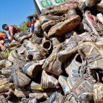 Discarded muddy shoes